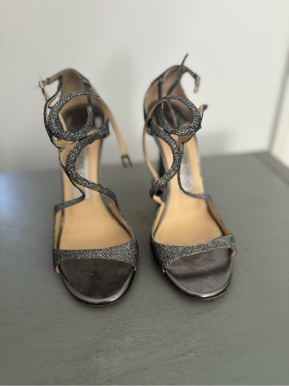 Jimmy Choo Black Glitter Strappy Evening Heels